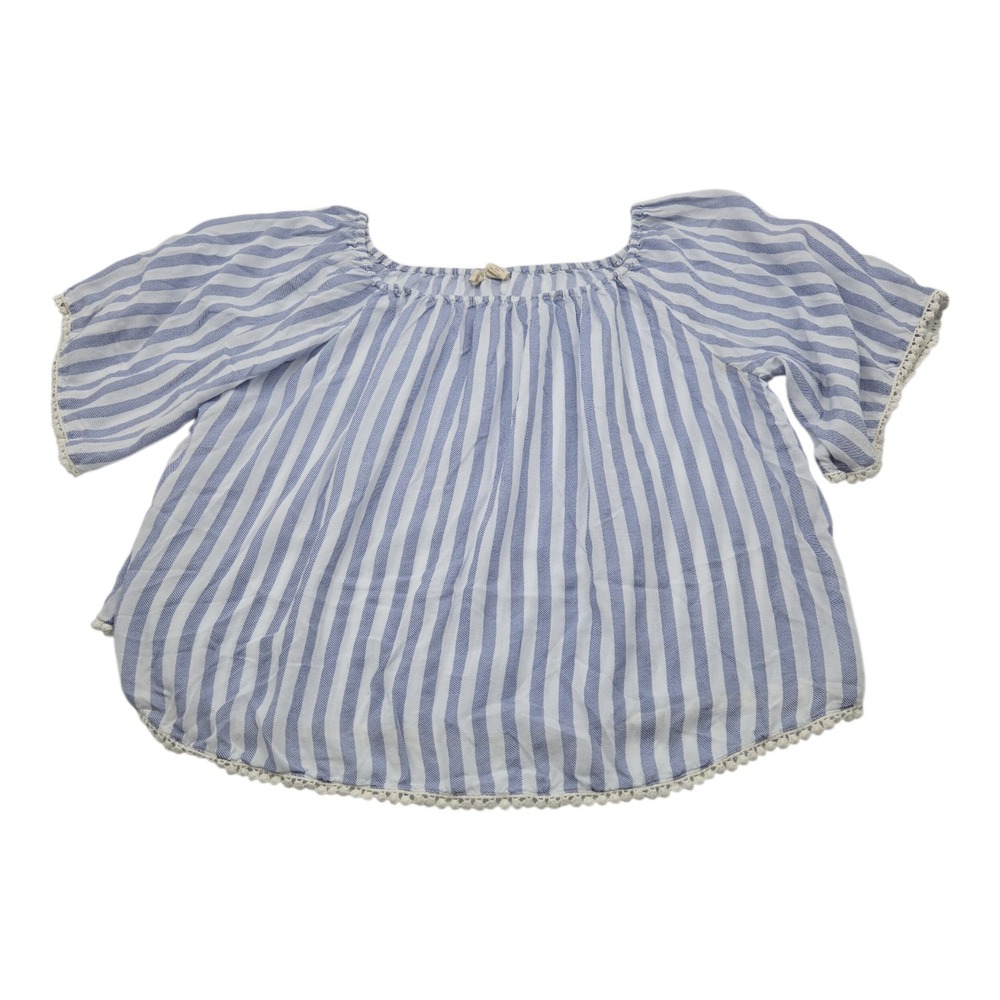 Japna Blue and White Stripe Off Shoulder Pom Pom Trim Top Women's Top Size Large